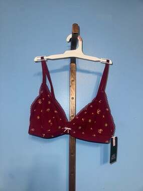Wild Fable Women's Unlined Pointelle Triangle Bralette in Maroon Floral Print